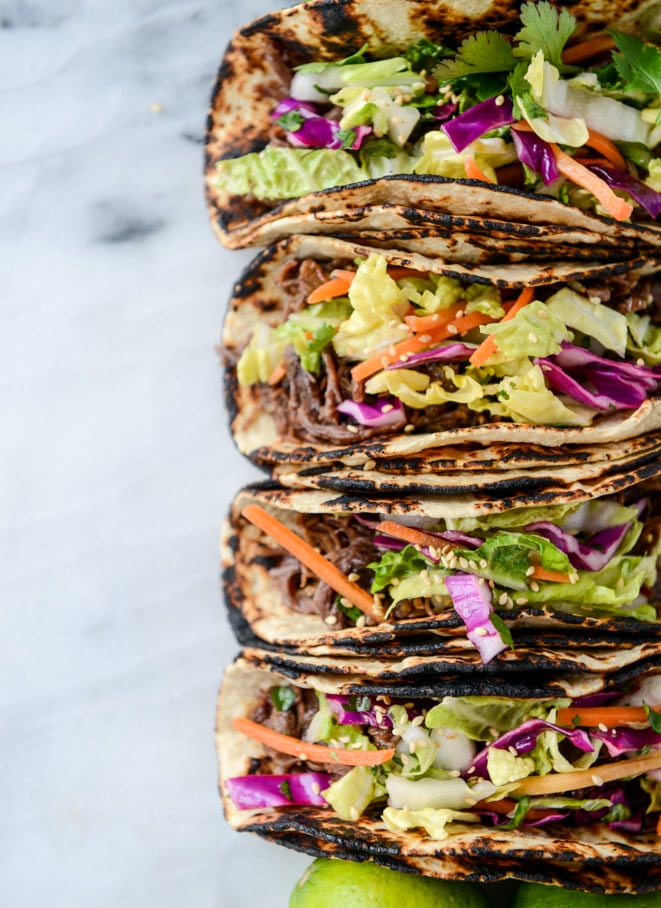 slow cooker sweet + spicy short rib tacos with sesame guacamole I howsweeteats.com
