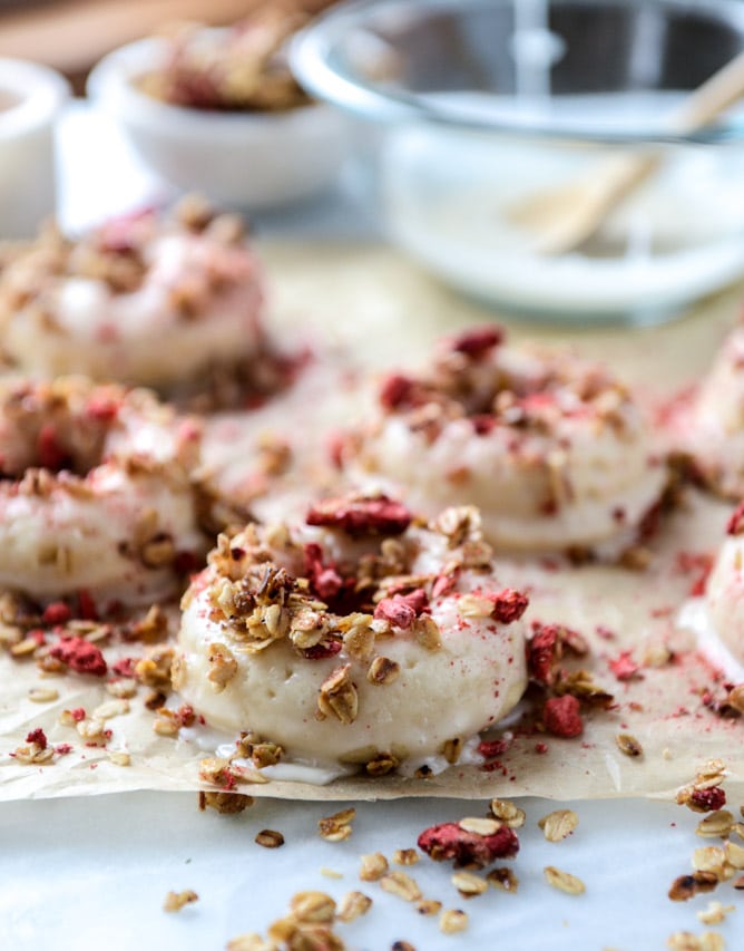 greek yogurt doughnuts with strawberry stovetop granola I howsweeteats.com