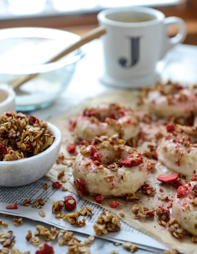 greek yogurt doughnuts with strawberry stovetop granola I howsweeteats.com
