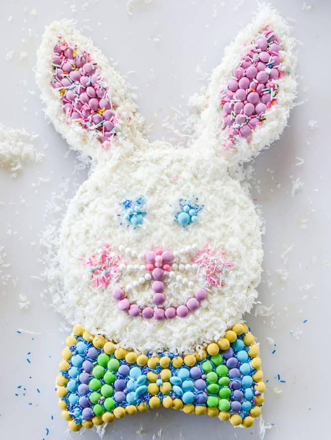 coconut confetti classic bunny cake with M&M'S I howsweeteats.com