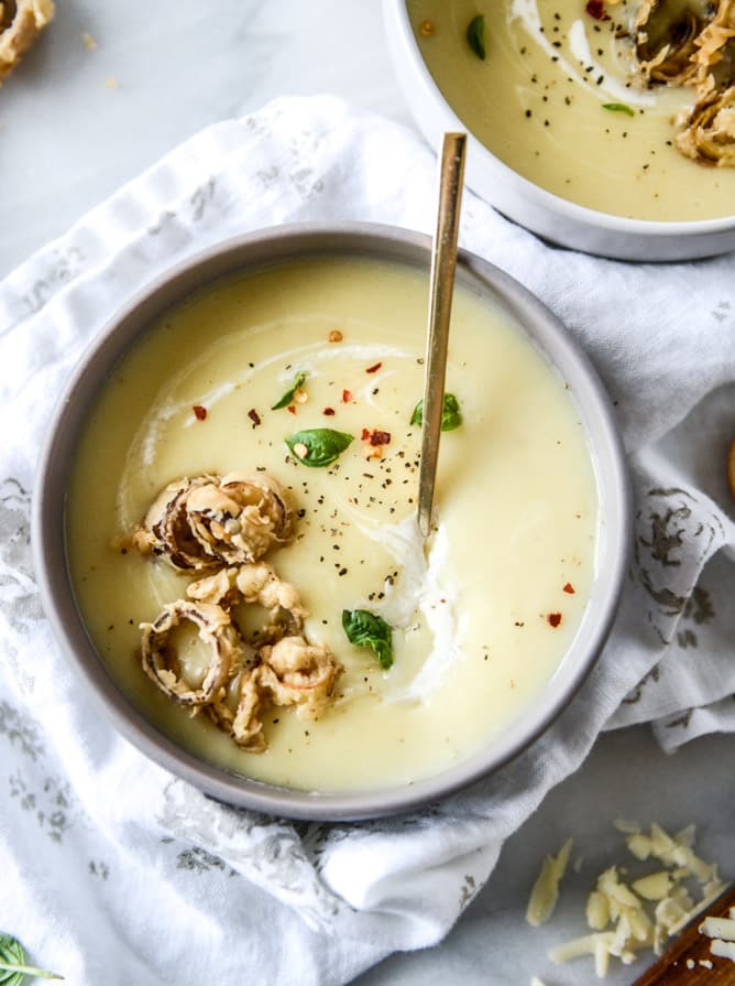 irish ale potato cheddar soup with beer battered leeks I howsweeteats.com