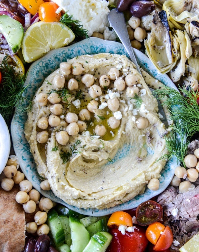 greek marinated flank steak and hummus platter I howsweeteats.com