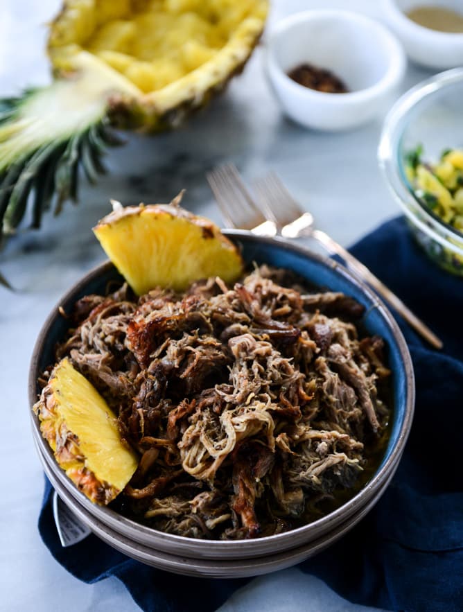 slow cooker jerk pork in pineapple rice bowls I howsweeteats.com