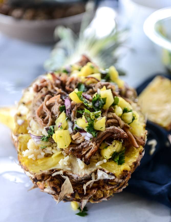 slow cooker jerk pork in pineapple rice bowls I howsweeteats.com