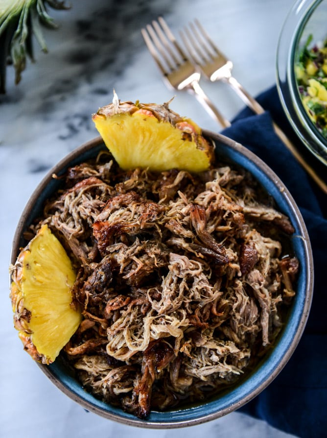 slow cooker jerk pork in pineapple rice bowls I howsweeteats.com