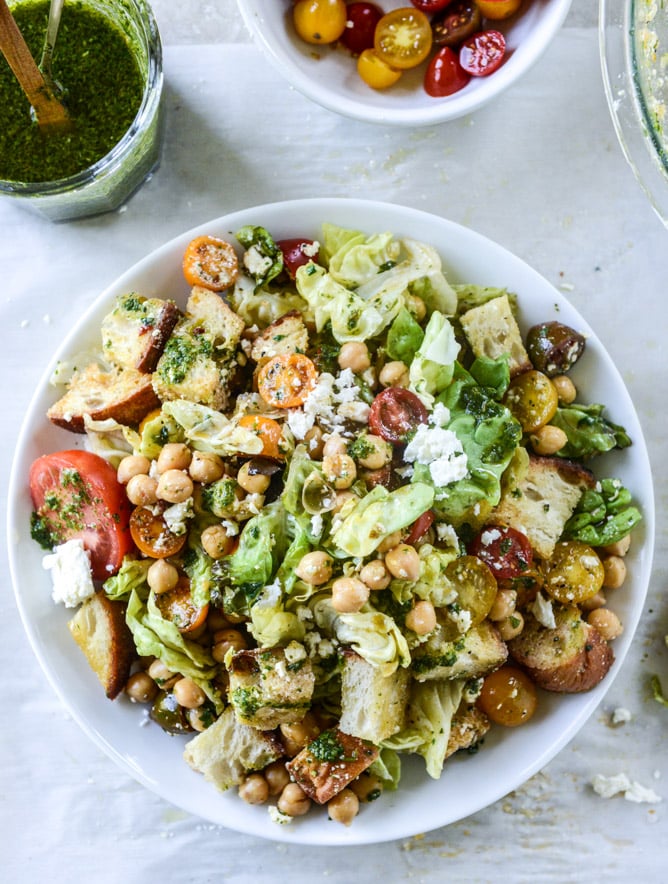 marinated chickpea panzanella with chimichurri I howsweeteats.com