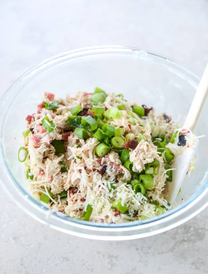 pimento cheese chicken salad on honey butter biscuits I howsweeteats.com