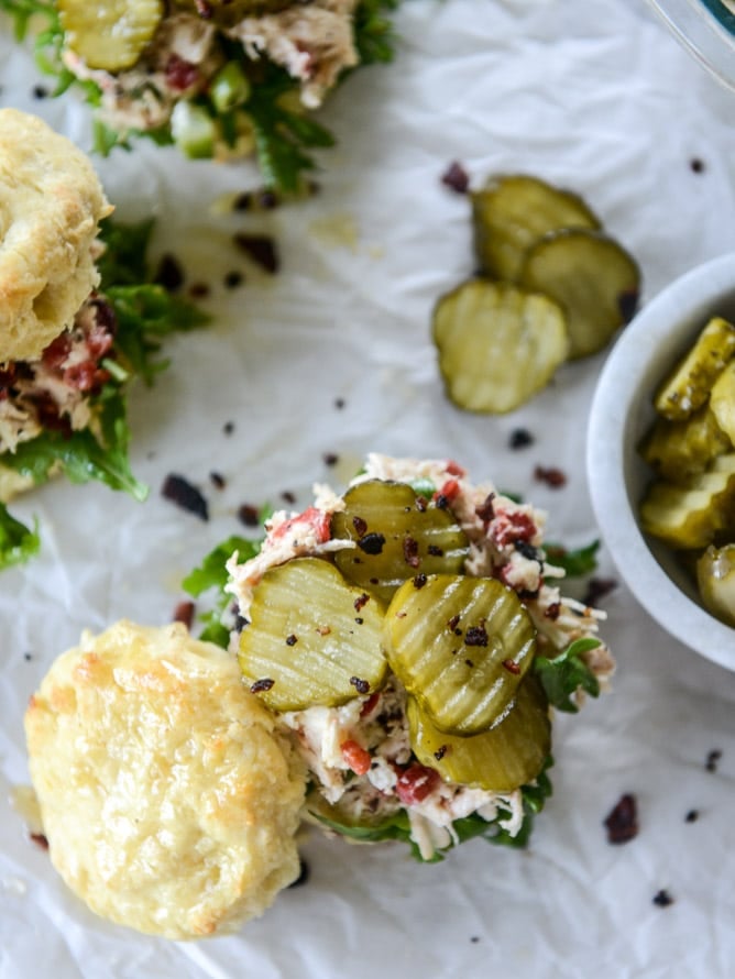 pimento cheese chicken salad on honey butter biscuits I howsweeteats.com