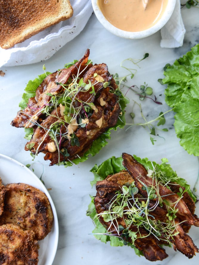 bacon fried green tomato BLTs with homemade special sauce I howsweeteats.com