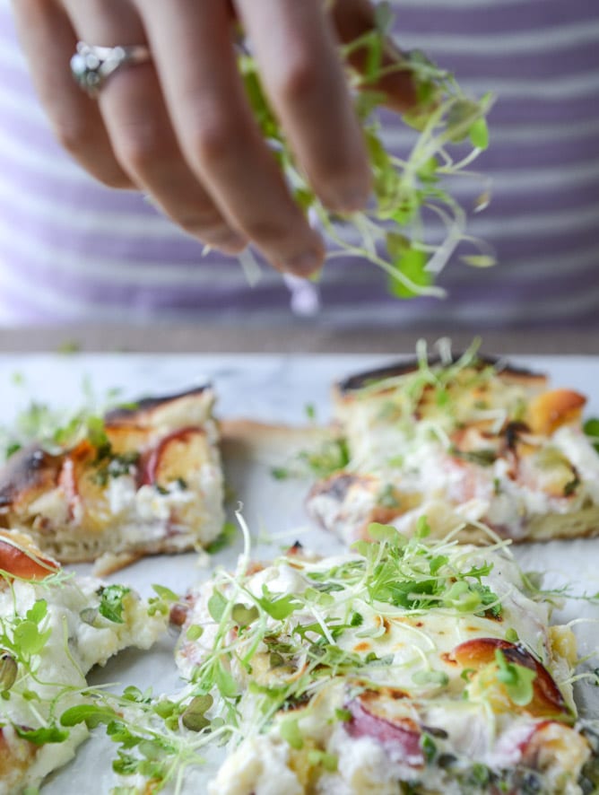 peach ricotta pizza with spicy microgreens I howsweeteats.com