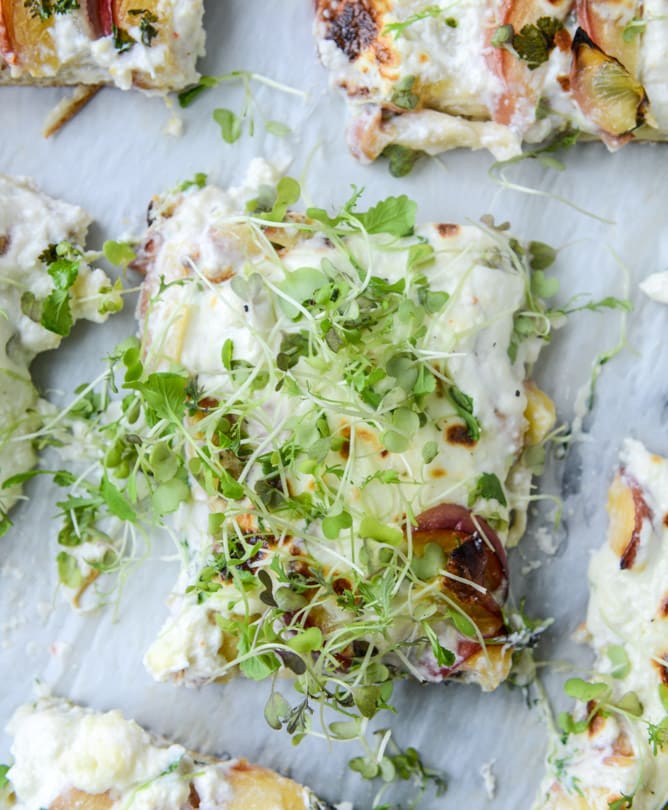 peach ricotta pizza with spicy microgreens I howsweeteats.com