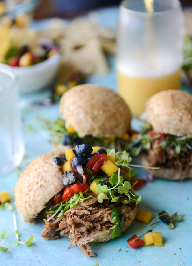kalua pork sliders with mango blueberry salsa I howsweeteats.com