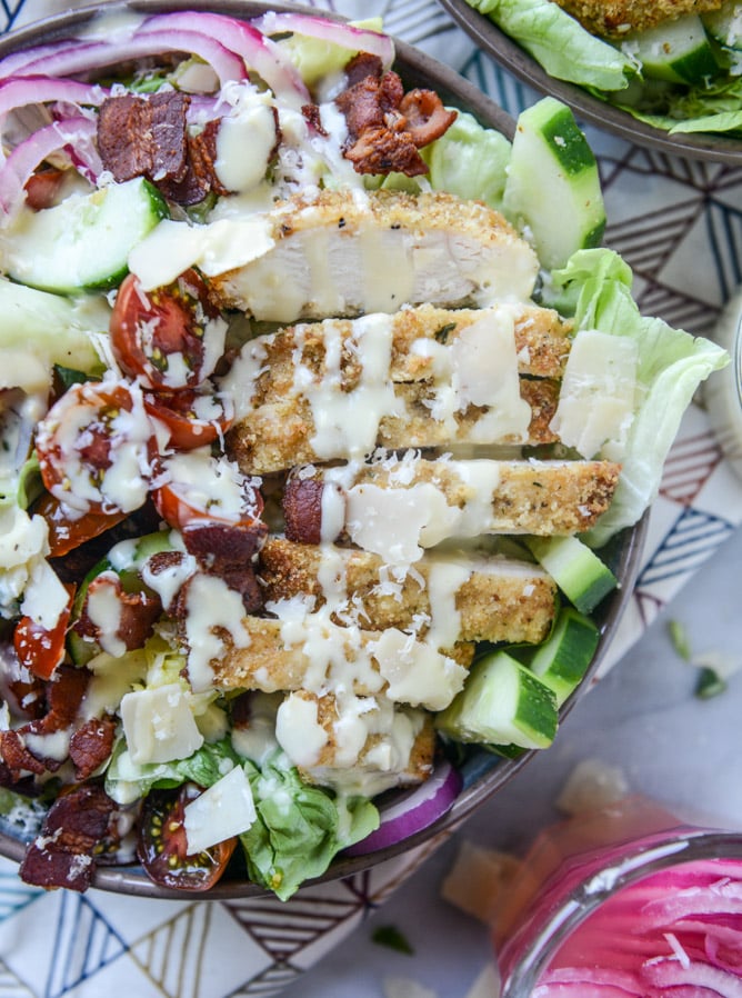 parmesan-crusted chicken salad with bacon and pickled onions I howsweeteats.com