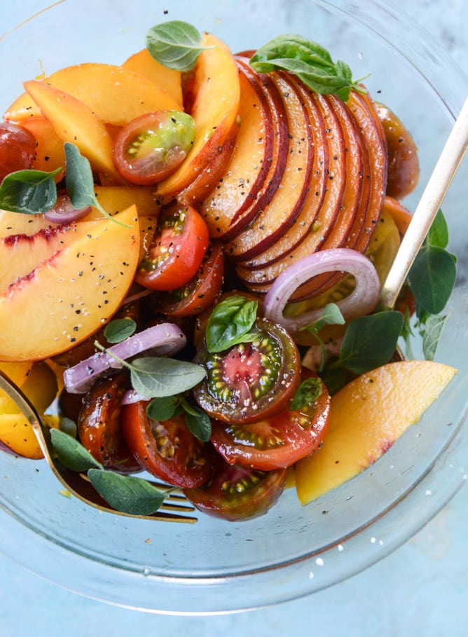 marinated tomato peach salad with herb butter toast I howsweeteats.com