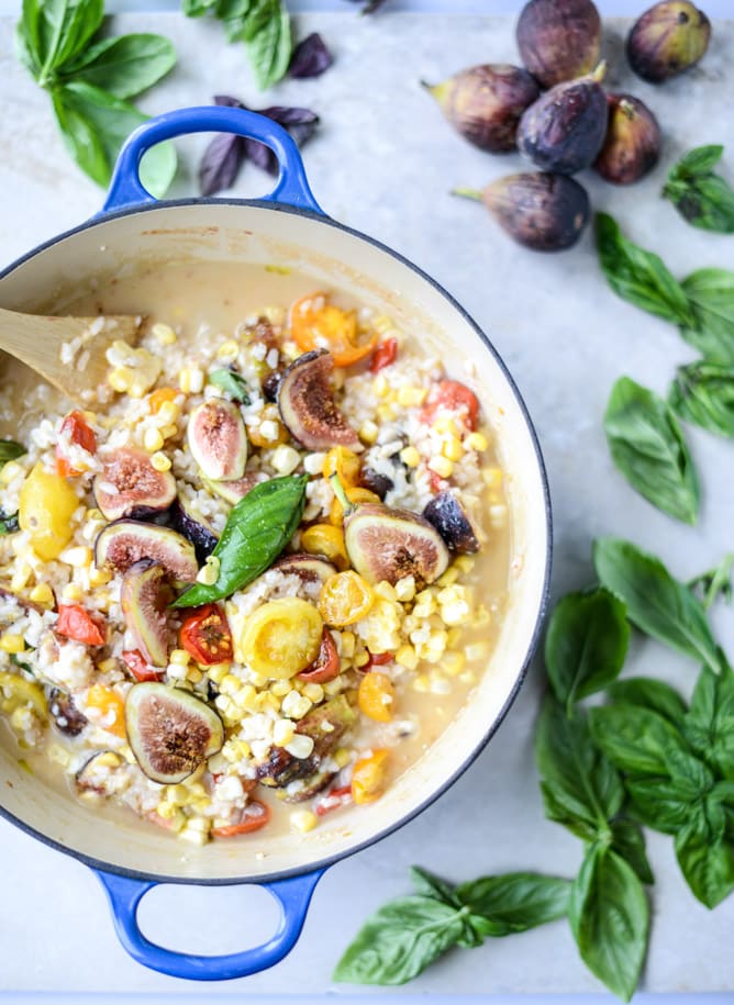 late summer risotto with roasted tomatoes, corn and figs I howsweeteats.com