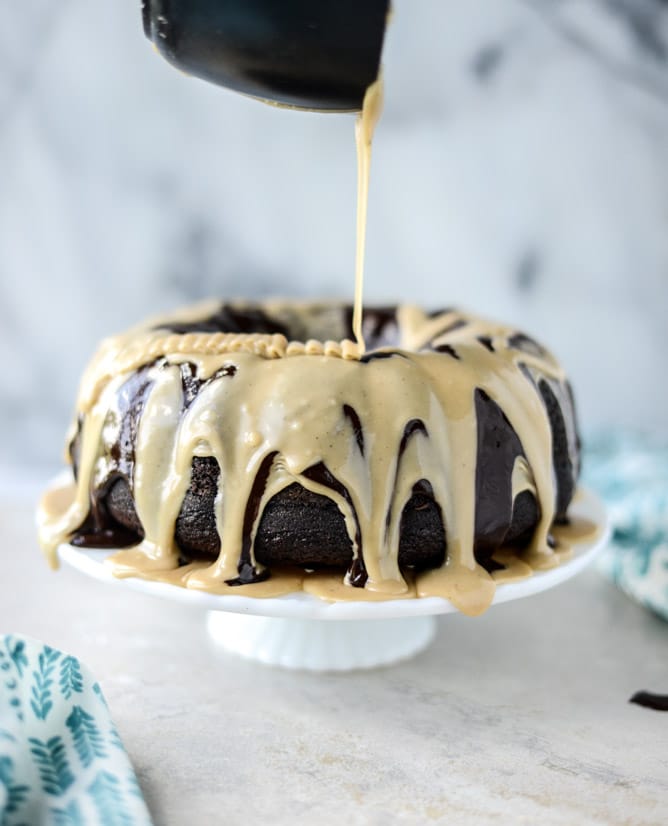 chocolate fudge cake with caramel cream icing I howsweeteats.com
