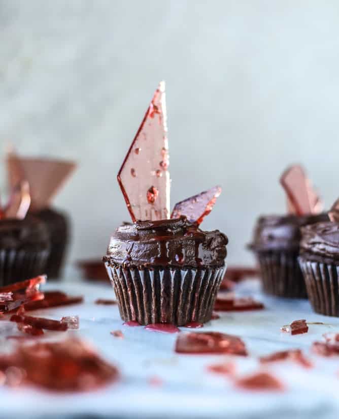 devil's food cupcakes with pomegranate sugar shards I howsweeteats.com
