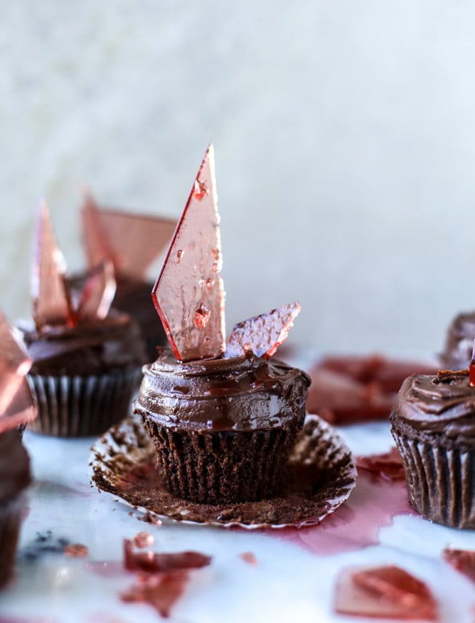 devil's food cupcakes with pomegranate sugar shards I howsweeteats.com
