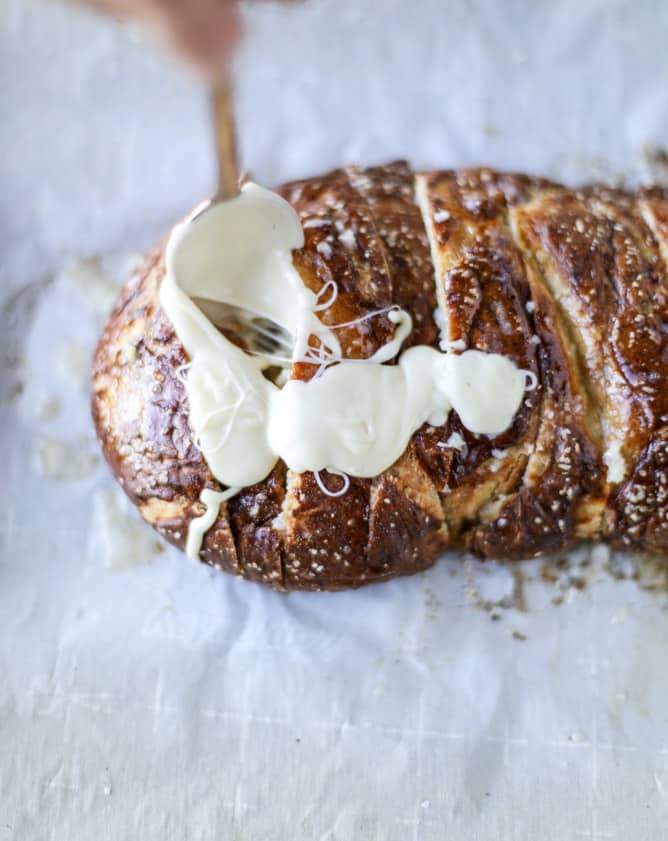 beer cheese soft pretzel garlic bread I howsweeteats.com