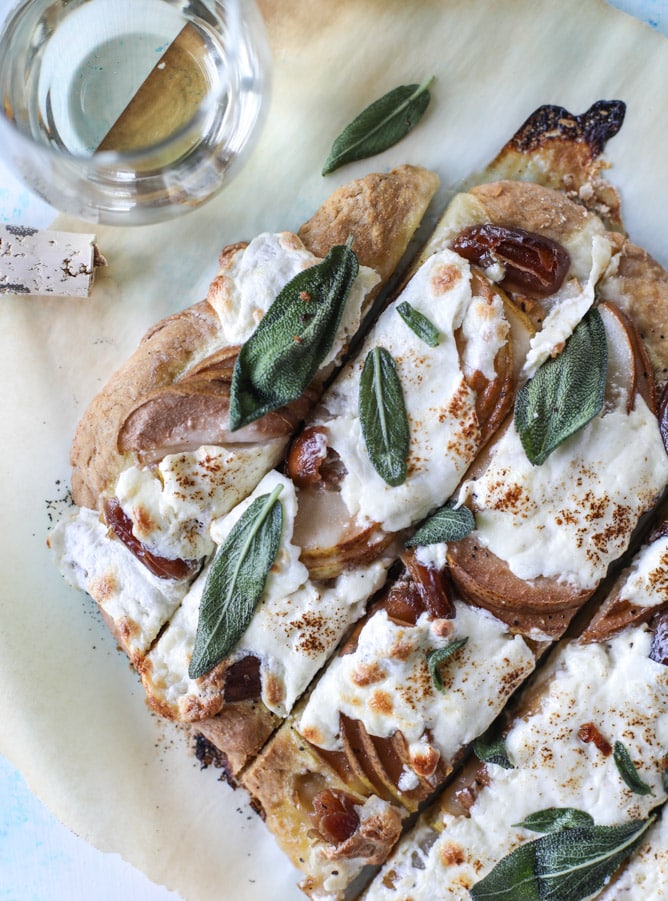 savory pear flatbread with dates, burrata cheese and crispy sage I howsweeteats.com