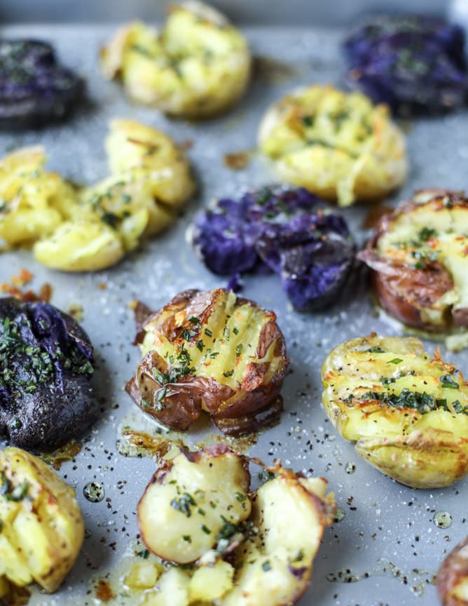 crispy buttered rosemary smashed potatoes with burrata I howsweeteats.com