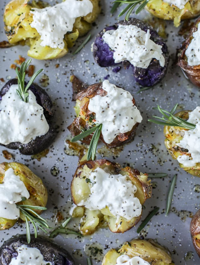 crispy buttered rosemary smashed potatoes with burrata I howsweeteats.com