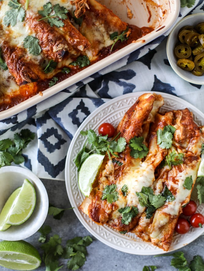 cheesy pork enchiladas with 10 minutes smoky enchilada sauce I howsweeteats.com