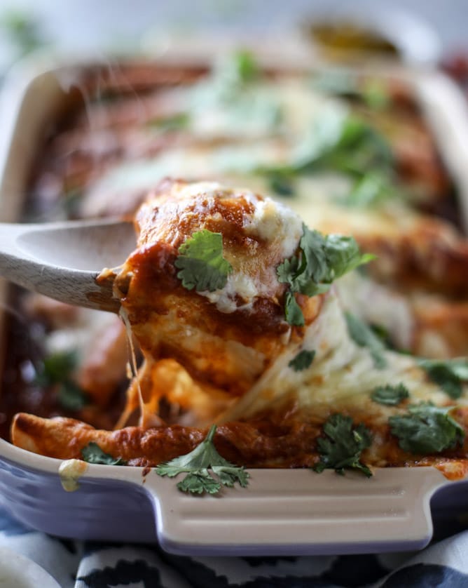 cheesy pork enchiladas with 10 minutes smoky enchilada sauce I howsweeteats.com