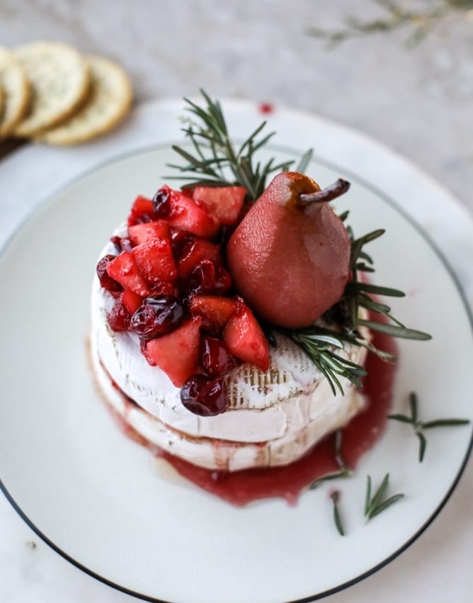 winter fruit stuffed brie with a pinot poached pear I howsweeteats.com