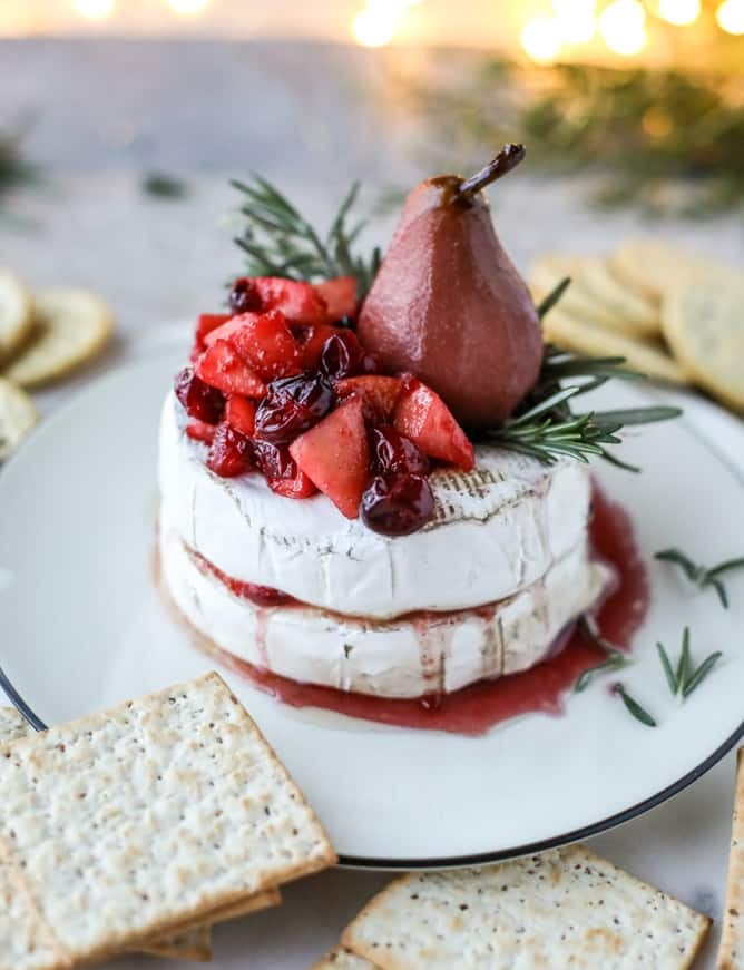 winter fruit stuffed brie with a pinot poached pear I howsweeteats.com
