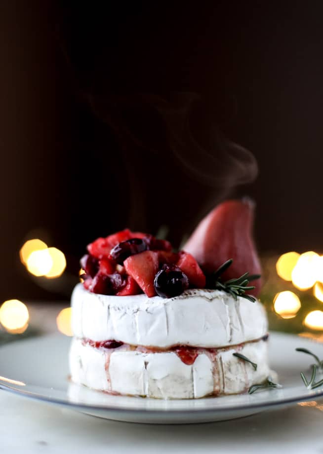winter fruit stuffed brie with a pinot poached pear I howsweeteats.com