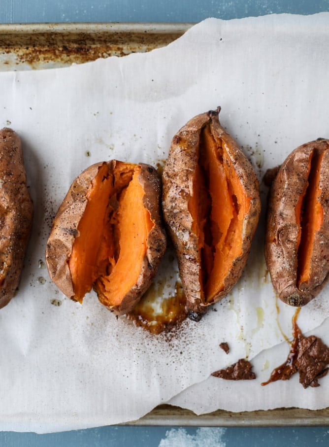 slow roasted sweet potatoes with garlic chickpeas and blue cheese sauce I howsweeteats.com