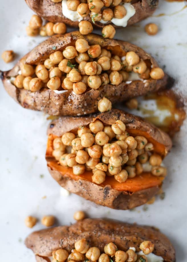 slow roasted sweet potatoes with garlic chickpeas and blue cheese sauce I howsweeteats.com