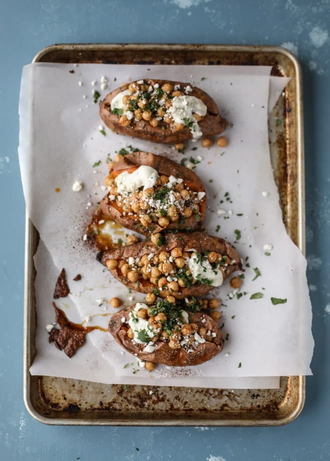 slow roasted sweet potatoes with garlic chickpeas and blue cheese sauce I howsweeteats.com