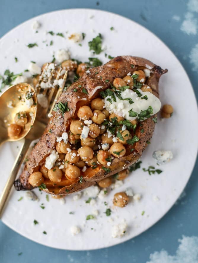 slow roasted sweet potatoes with garlic chickpeas and blue cheese sauce I howsweeteats.com