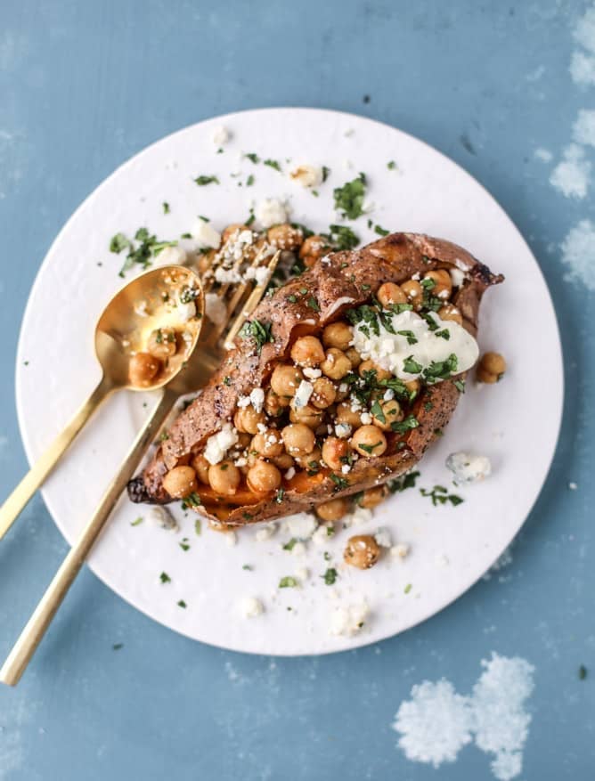 slow roasted sweet potatoes with garlic chickpeas and blue cheese sauce I howsweeteats.com