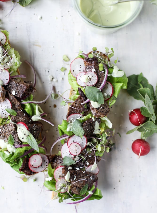 open faced steak sandwich with avocado horseradish I howsweeteats.com