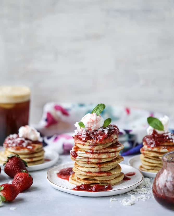 mini coconut ricotta pancakes with strawberry syrup I howsweeteats.com