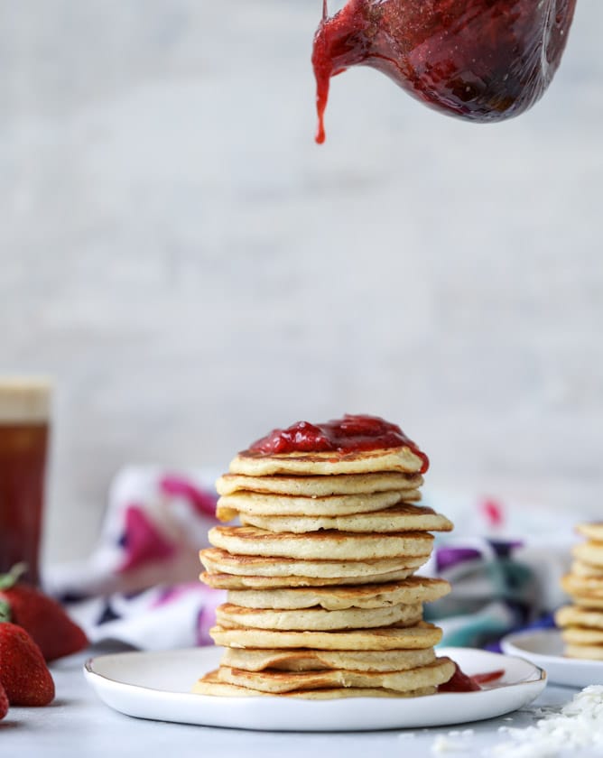 mini coconut ricotta pancakes with strawberry syrup I howsweeteats.com