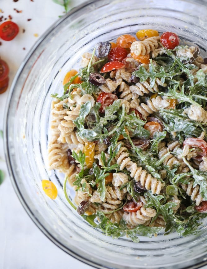 creamy goat cheese and arugula pasta salad I howsweeteats.com