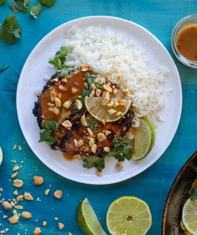 thai skillet pork chops with coconut rice I howsweeteats.com