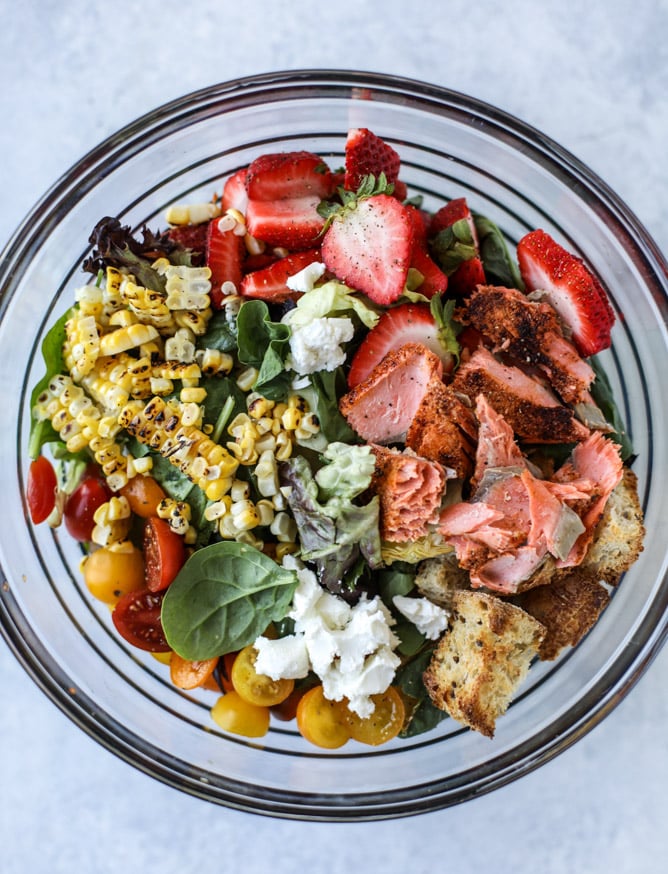 salmon strawberry panzanella salad I howsweeteats.com