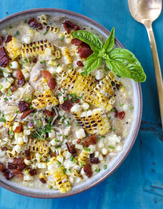 grilled corn, chicken and bacon chowder I howsweeteats.com