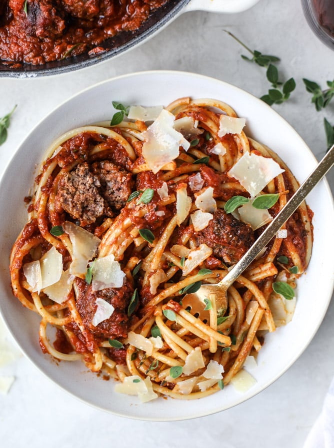 bacon meatballs with bucatini I howsweeteats.com #bacon #pasta #meatballs