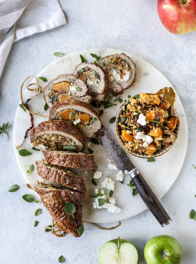 butternut, apple and goat cheese stuffed pork tenderloin I howsweeteats.com #pork #squash #holiday #recipes