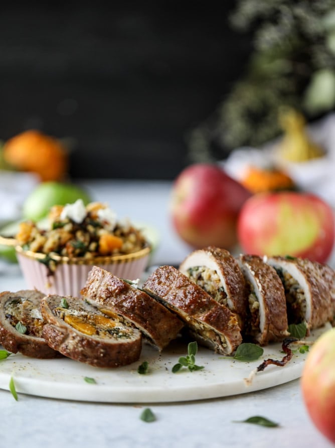 butternut, apple and goat cheese stuffed pork tenderloin I howsweeteats.com #pork #squash #holiday #recipes