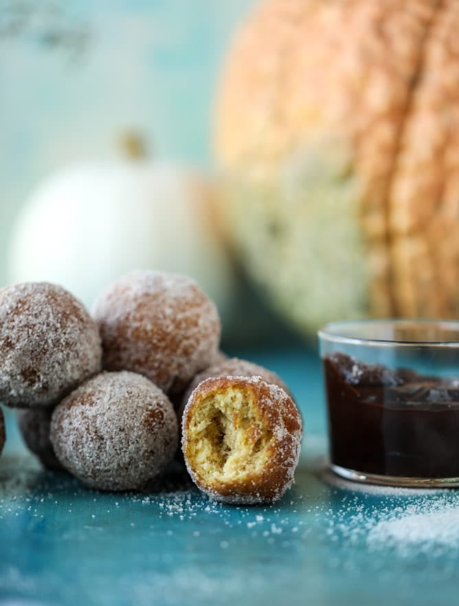 pumpkin doughnut holes with hot fudge I howsweeteats.com