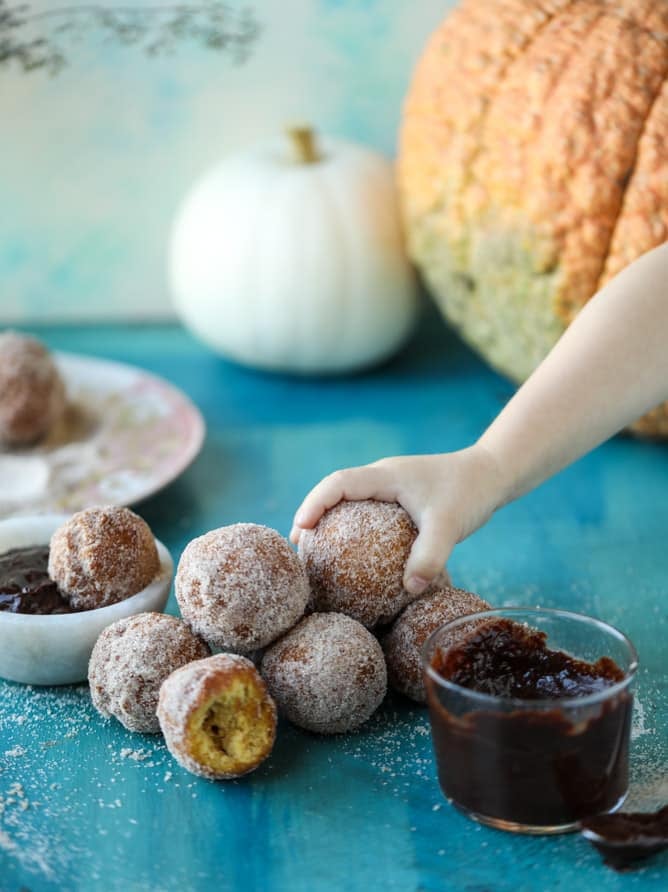 pumpkin doughnut holes with hot fudge I howsweeteats.com