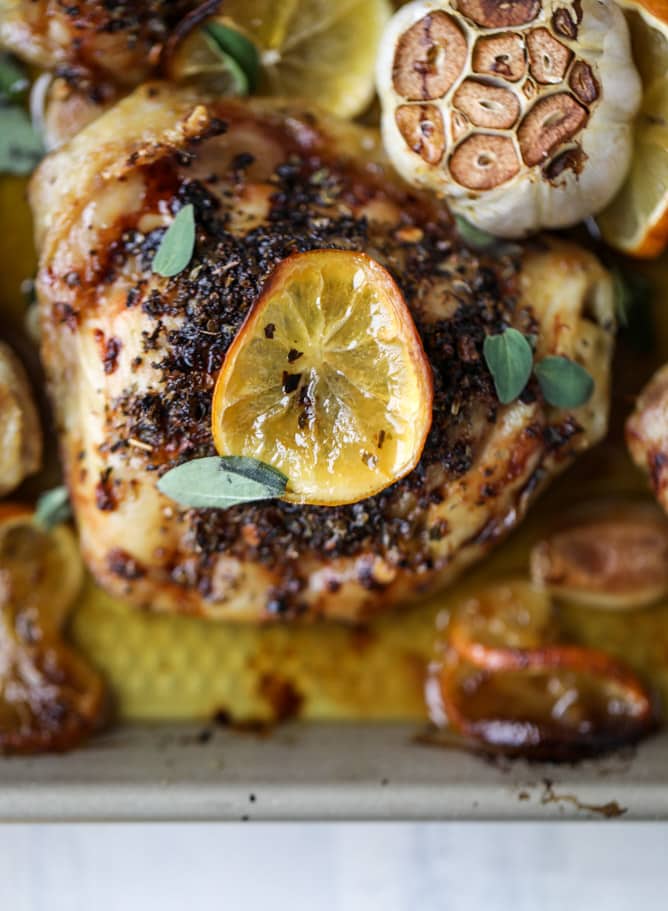meyer lemon roasted chicken I howsweeteats.com #chicken #lemon #roastedchicken #healthy #meyerlemon