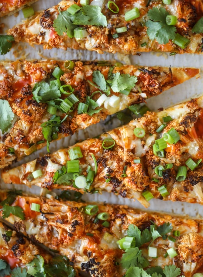 roasted buffalo cauliflower flatbread I howsweeteats.com #cauliflower #buffalo #pizza #flatbread